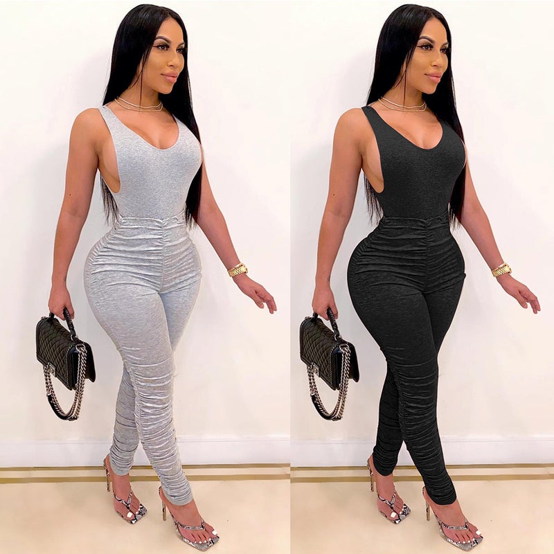 V2001 Backless V-Neck Pleated Jumpsuit Nightsuit - Image 2