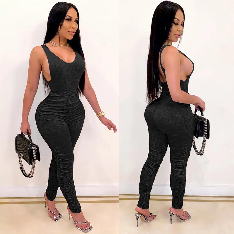 V2001 Backless V-Neck Pleated Jumpsuit Nightsuit - Image 4