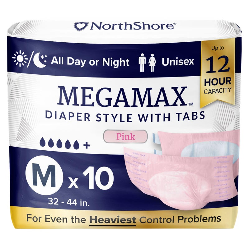 NorthShore MegaMax Adult Overnight Diapers 12Hour TabStyle Medium 10 Count Bag Pink 3244 inches Unisex Incontinence Underwear