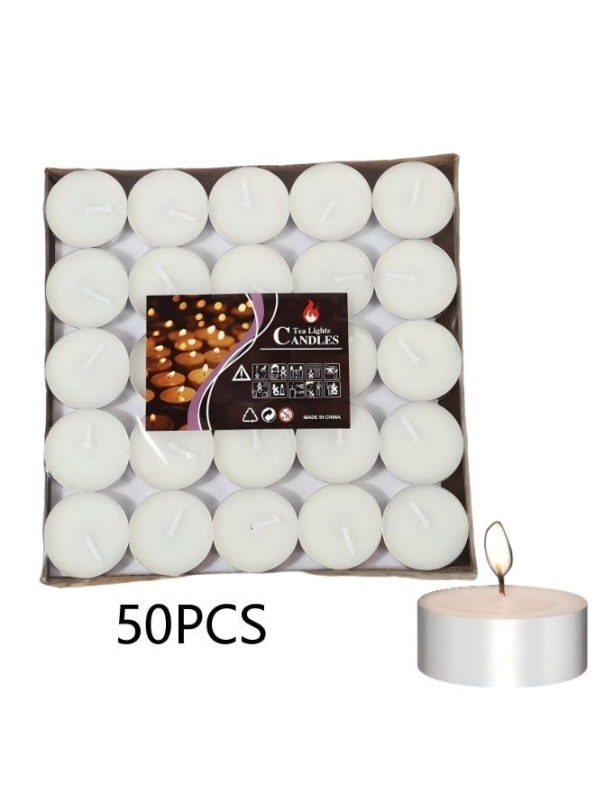 50 شمعة صغيرة غير معطرة، عديمة الدخان، تدوم طويلاً، مصنوعة من شمع الصويا، لتزيين المنزل وحفلات العشاء (أبيض 3.8 × 1.5 سم) - Image 1