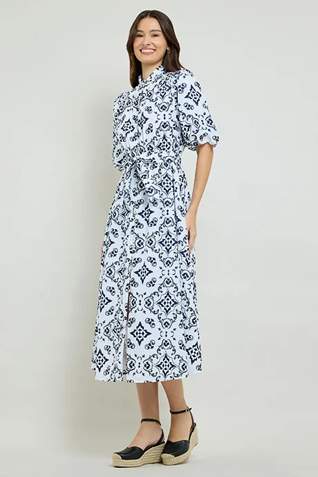 أر أند بي Patterned Midi Dress with High Neck and Puff Sleeves