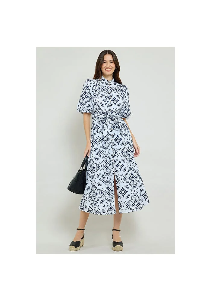 أر أند بي Patterned Midi Dress with High Neck and Puff Sleeves
