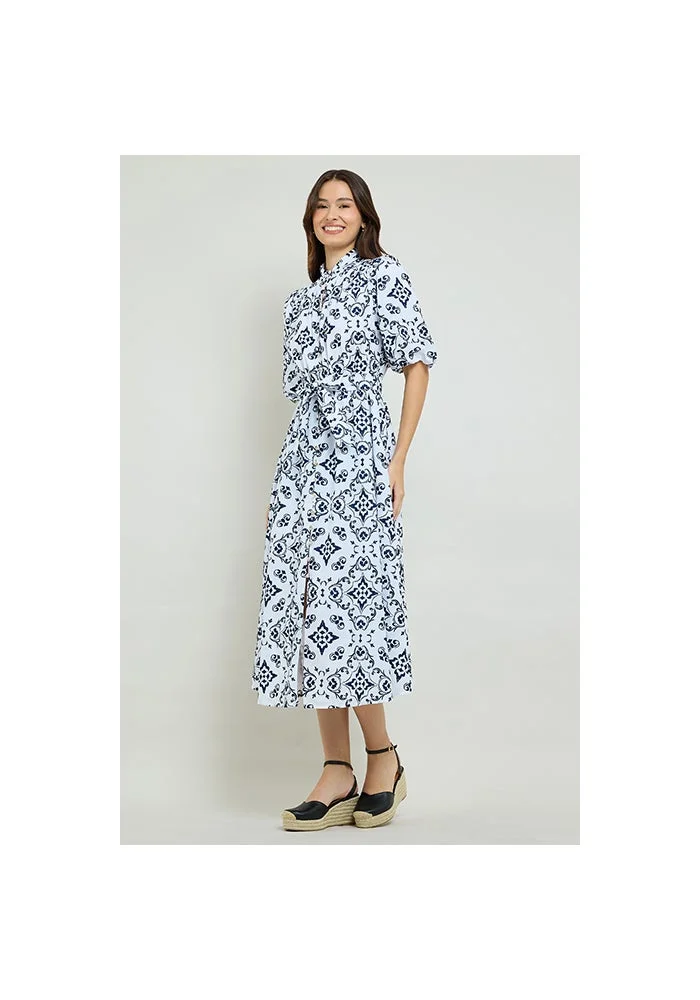 أر أند بي Patterned Midi Dress with High Neck and Puff Sleeves