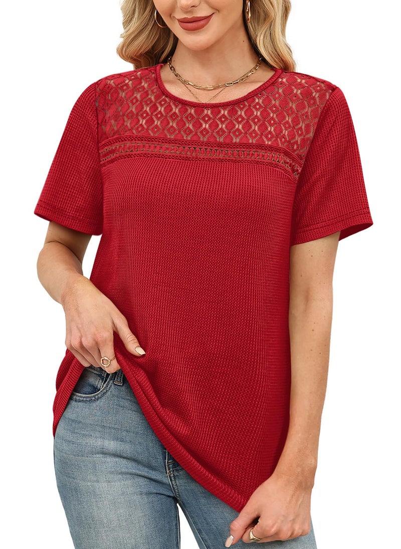 OFEEFAN Womens Blouses Dressy Business Casual Outfits Christmas Valentine's Day Shirts Short Sleeve Spring Tops Summer Clothes Crochet Lace Red 2XL - Image 4