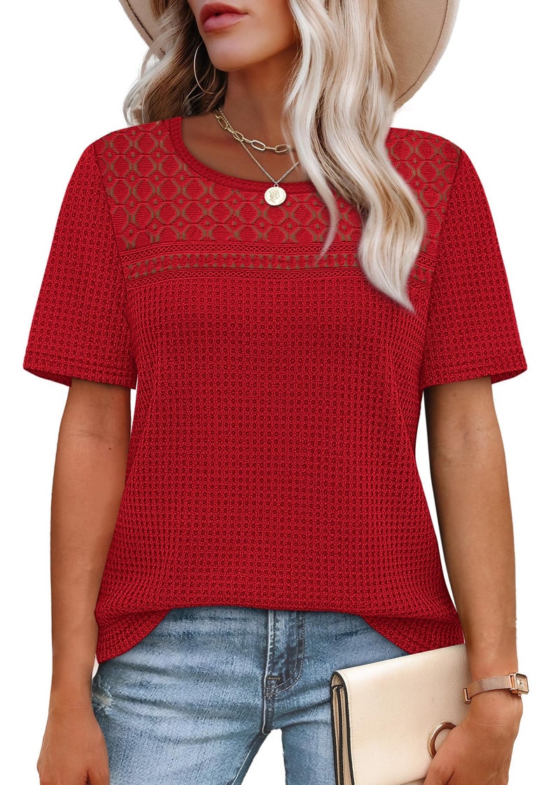 OFEEFAN Womens Blouses Dressy Business Casual Outfits Christmas Valentine's Day Shirts Short Sleeve Spring Tops Summer Clothes Crochet Lace Red 2XL - Image 2