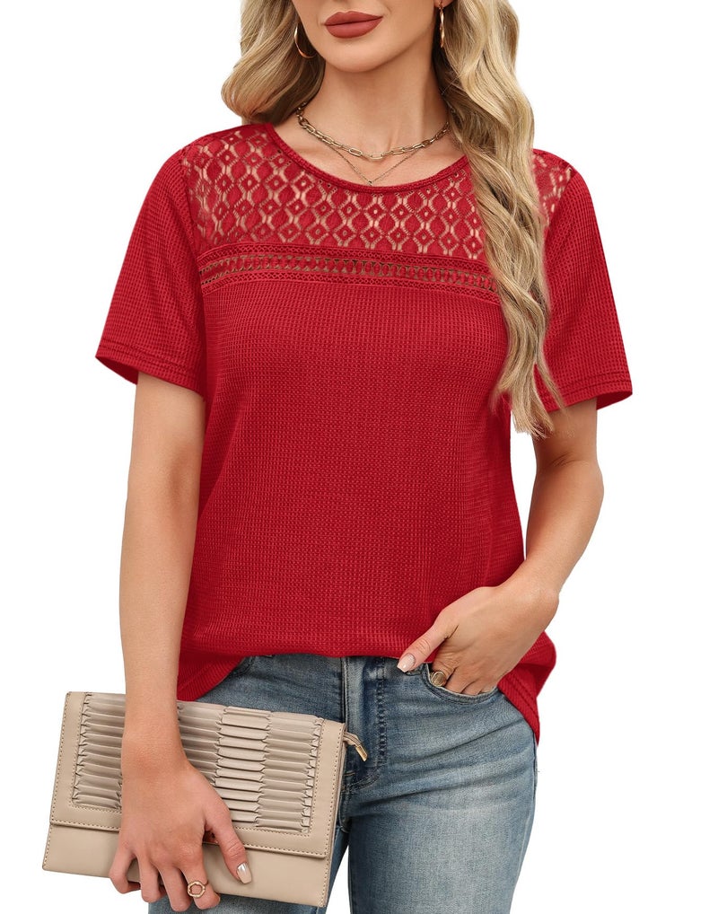 OFEEFAN Womens Blouses Dressy Business Casual Outfits Christmas Valentine's Day Shirts Short Sleeve Spring Tops Summer Clothes Crochet Lace Red 2XL - Image 3