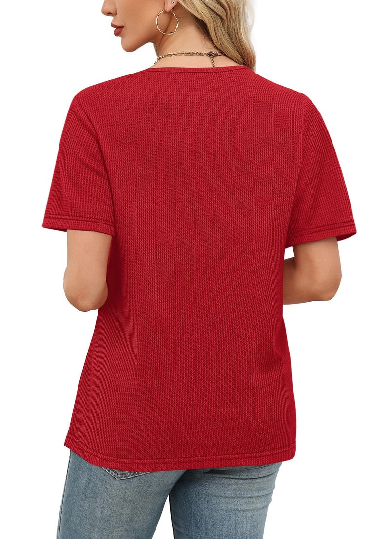 OFEEFAN Womens Blouses Dressy Business Casual Outfits Christmas Valentine's Day Shirts Short Sleeve Spring Tops Summer Clothes Crochet Lace Red 2XL - Image 5