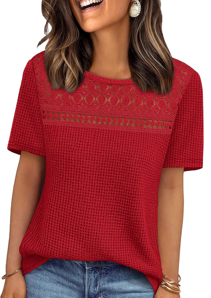 OFEEFAN Womens Blouses Dressy Business Casual Outfits Christmas Valentine's Day Shirts Short Sleeve Spring Tops Summer Clothes Crochet Lace Red 2XL - Image 1