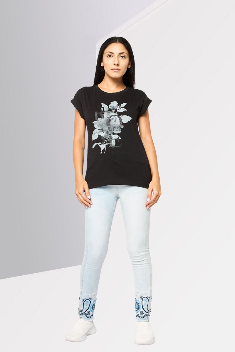 Replay Women Crew Neck Short Sleeves Graphic Print T-Shirt, Black - Image 2
