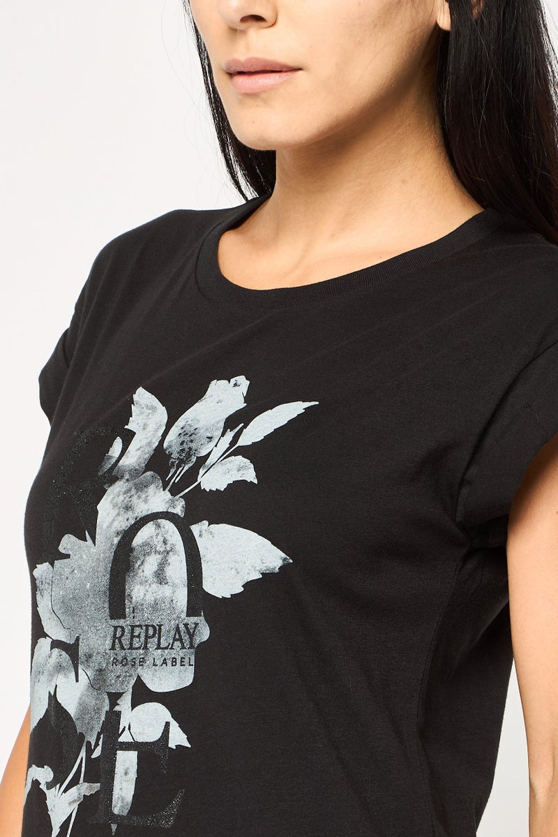 Replay Women Crew Neck Short Sleeves Graphic Print T-Shirt, Black - Image 3