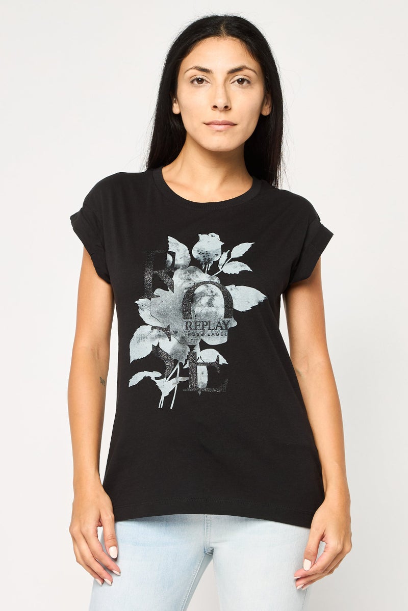 Replay Women Crew Neck Short Sleeves Graphic Print T-Shirt, Black - Image 1