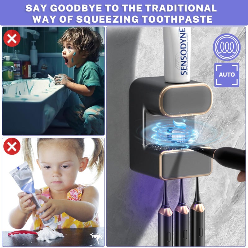 Wekity Automatic Toothpaste Dispenser,Wall Mounted Electric Toothpaste Dispenser with 3 Toothpaste Slots,Toothpaste Dispenser for Kids and Adults (Black) - Image 2