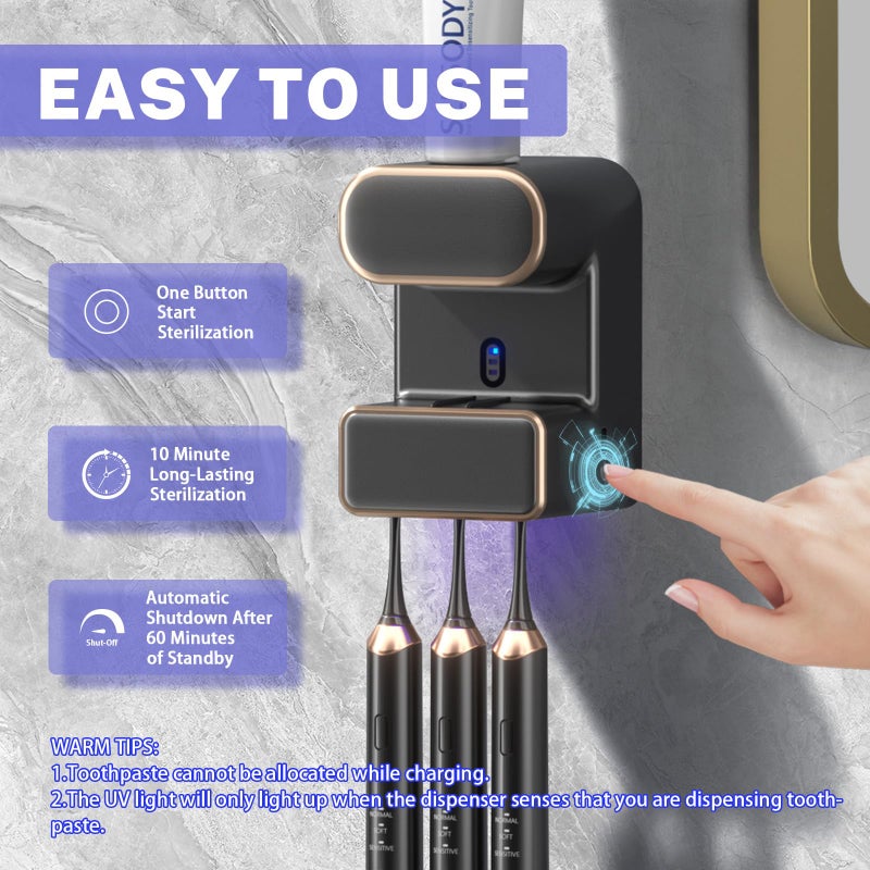 Wekity Automatic Toothpaste Dispenser,Wall Mounted Electric Toothpaste Dispenser with 3 Toothpaste Slots,Toothpaste Dispenser for Kids and Adults (Black) - Image 4