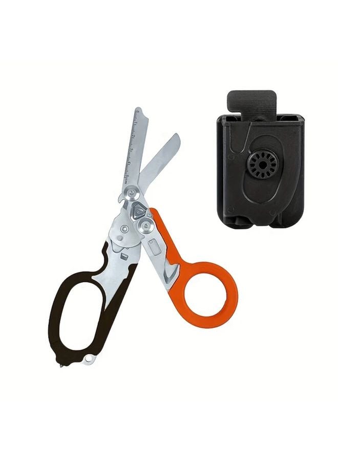 مقص الصدمات من الفولاذ المقاوم للصدأ باللون البرتقالي والأسود مع غمد - مقص طبي قابل للطي للممرضات وفنيي الطوارئ الطبية - Image 1