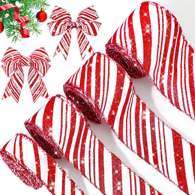 Ysleen 4 Rolls 24 Yards Christmas Candy Cane Wired Ribbons 10 Inch 15 Inch 20 Inch 25 Inch Glitter Red and White Striped Ribbon for Christmas Tree Home Decorations Gift Wrapping Ribbons