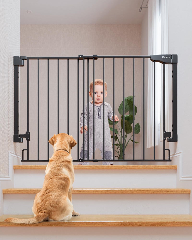 Cumbor 29243 No Bottom Bar Baby Gate for Stairs 2in1 Auto Close Dog Gate Indoor Hardware Mounted Pet Gate for Doorways with Large Walk Thru Door ChildProof Safety Gate for Kids Black