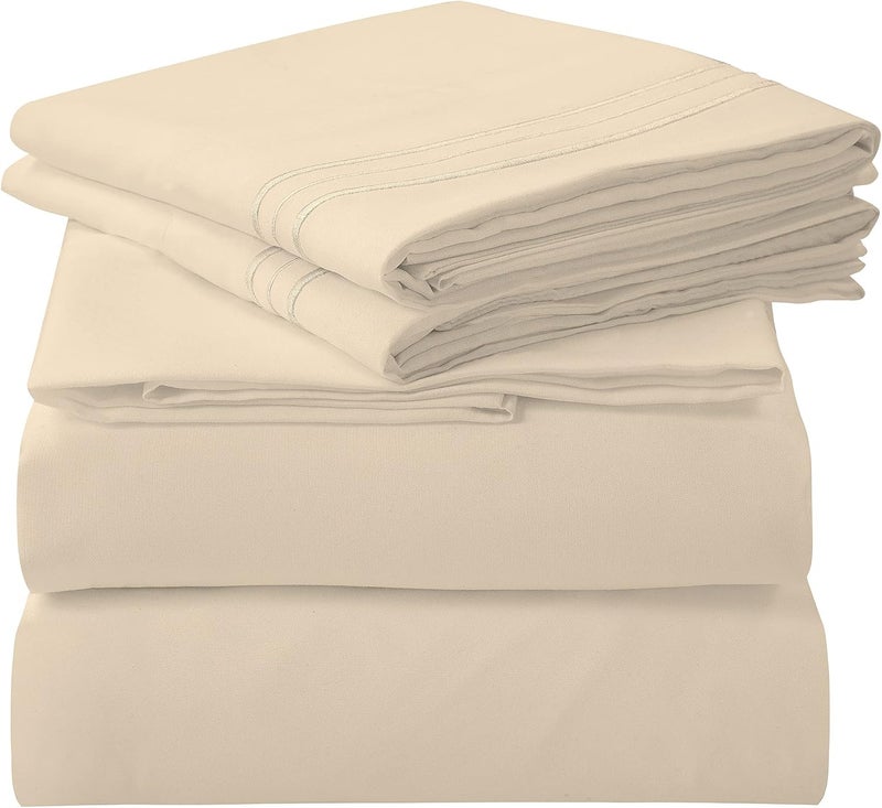 ROYALE LINENS رويال لينينز - طقم شراشف كاليفورنيا كينج 4 قطع - فراش مايكروفايبر ناعم 1800 - 1 شرشف مجهز، 1 شرشف مسطح، 2 كيس وسادة - طقم شراشف كال كينج مقاوم للتجعد والبهتان (كينجكال، رملي) - Image 1