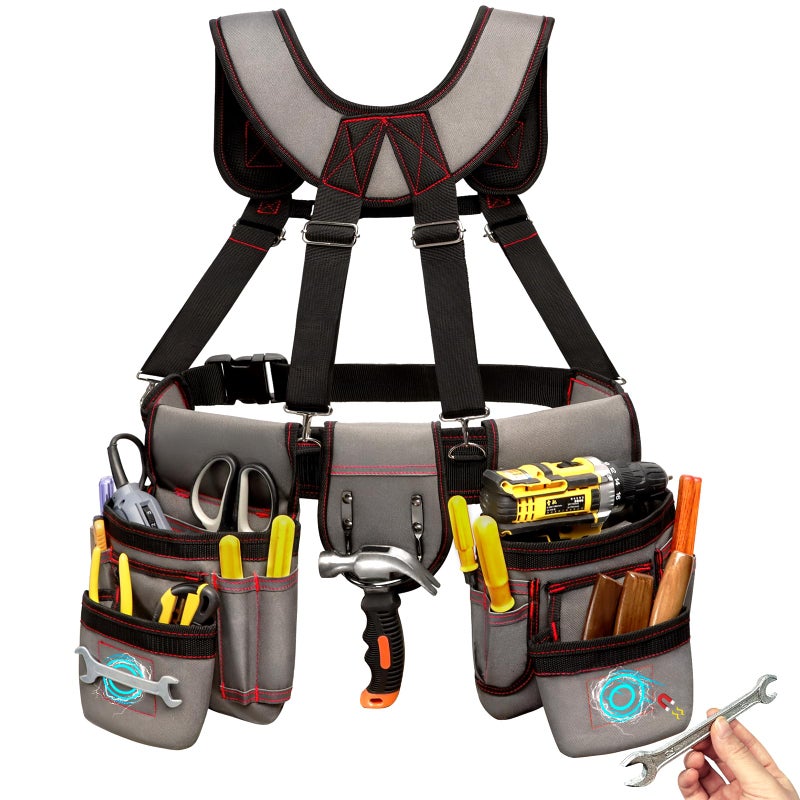 ELECROW Tool Belt with Suspenders for Men Heavy Duty Magnetic Tool Belts with 18 Pockets Detachable 32 to 66 Inches Adjustable Waist Tool Belts for Electrician Carpenter Construction Grey - Image 2