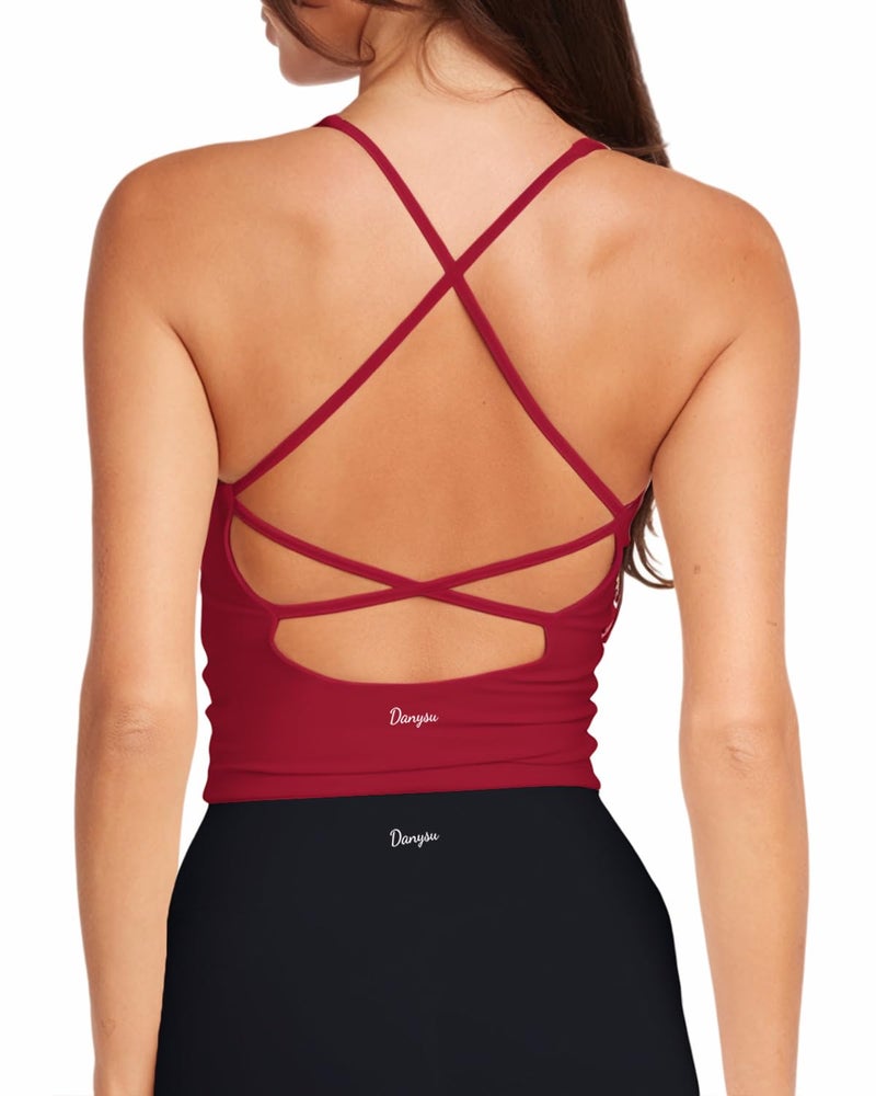 Danysu Sculpt Workout Tank Tops Women Longline Sports Bras Workout Tops for Women Light Support Strappy Padded Yoga Top V Neck Ruby Red M - Image 1