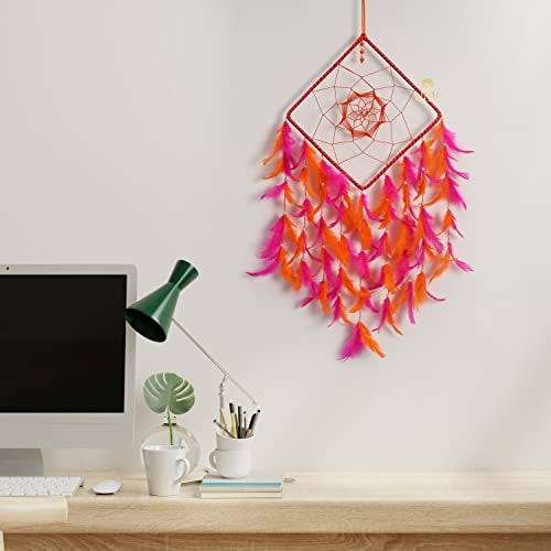 DULI Dreamcatcher Wall Hanging Dream Catcher Handmade Wall Art for Bedrooms, Office, Balcony, Outdoors, Garden, Home, Car Hanging, Dreamcatcher (Square DC: Pink Orange) - Image 1