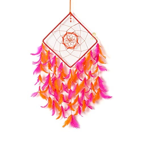 DULI Dreamcatcher Wall Hanging Dream Catcher Handmade Wall Art for Bedrooms, Office, Balcony, Outdoors, Garden, Home, Car Hanging, Dreamcatcher (Square DC: Pink Orange) - Image 4
