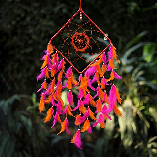 DULI Dreamcatcher Wall Hanging Dream Catcher Handmade Wall Art for Bedrooms, Office, Balcony, Outdoors, Garden, Home, Car Hanging, Dreamcatcher (Square DC: Pink Orange) - Image 2