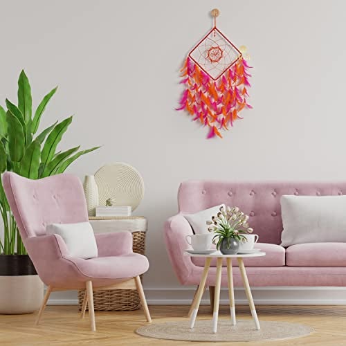 DULI Dreamcatcher Wall Hanging Dream Catcher Handmade Wall Art for Bedrooms, Office, Balcony, Outdoors, Garden, Home, Car Hanging, Dreamcatcher (Square DC: Pink Orange) - Image 5