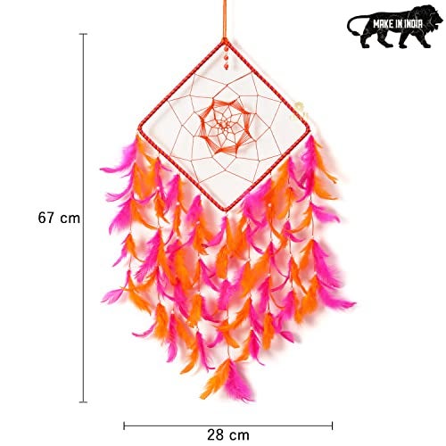 DULI Dreamcatcher Wall Hanging Dream Catcher Handmade Wall Art for Bedrooms, Office, Balcony, Outdoors, Garden, Home, Car Hanging, Dreamcatcher (Square DC: Pink Orange) - Image 3