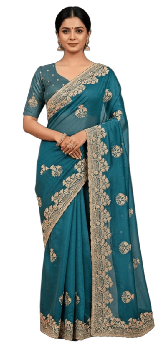 Glory Sarees Women's Georgette Silk Embroidery Work Saree With Blouse Piece (Mayura101_Teal) - Image 1