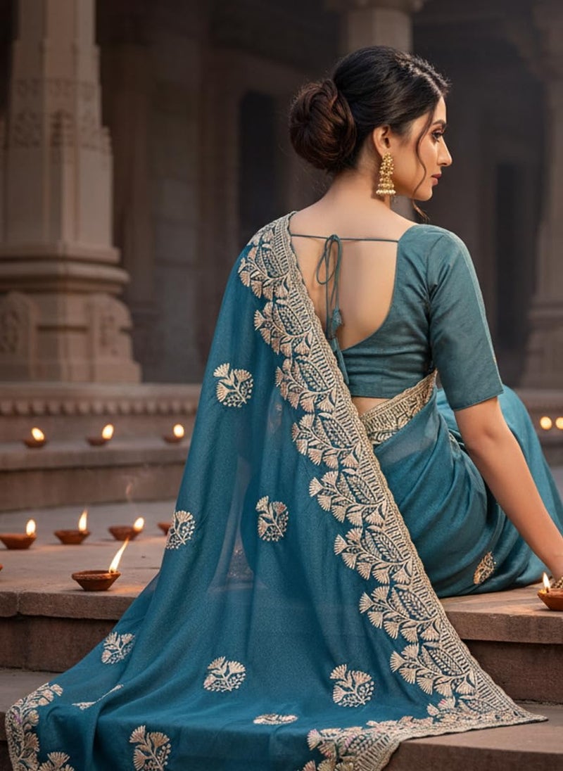 Glory Sarees Women's Georgette Silk Embroidery Work Saree With Blouse Piece (Mayura101_Teal) - Image 5