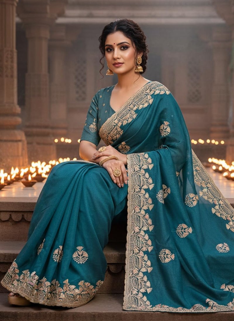 Glory Sarees Women's Georgette Silk Embroidery Work Saree With Blouse Piece (Mayura101_Teal) - Image 2