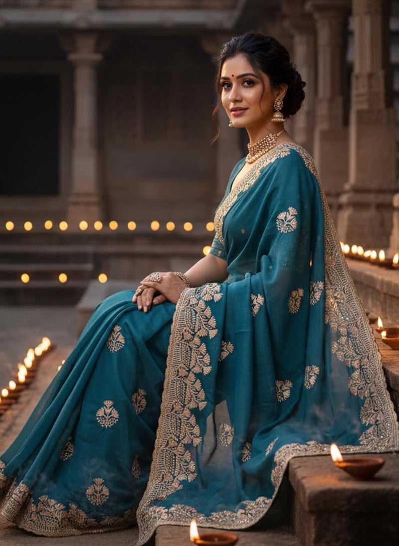 Glory Sarees Women's Georgette Silk Embroidery Work Saree With Blouse Piece (Mayura101_Teal) - Image 4