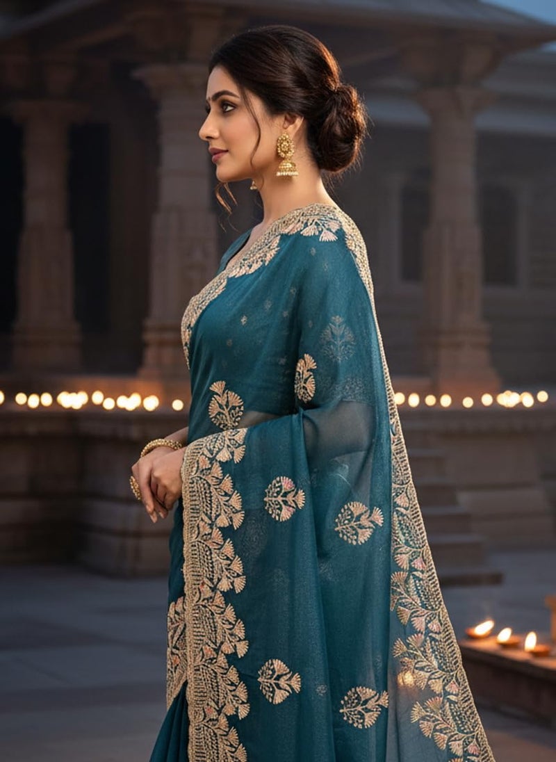 Glory Sarees Women's Georgette Silk Embroidery Work Saree With Blouse Piece (Mayura101_Teal) - Image 3