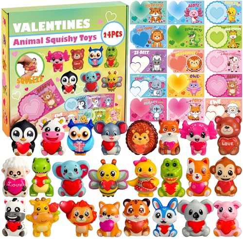 PLOUGVI 24Pcs Valentines Day Gifts with Cards for Kids Animal Heart Squishy Toys for Party Favors Galentines School Gift Exchange Classroom Prizes Bag Stuffers - Image 1