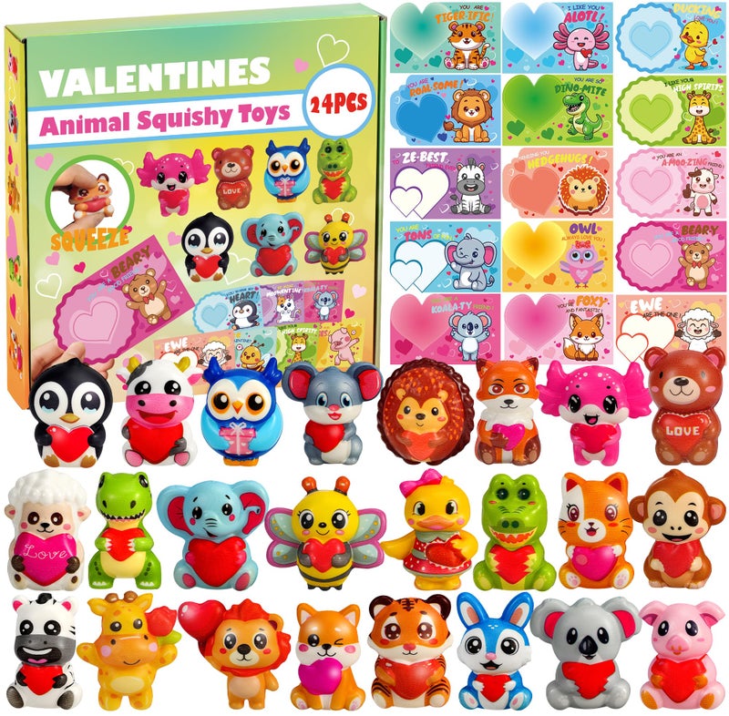 PLOUGVI 24Pcs Valentines Day Gifts with Cards for Kids Animal Heart Squishy Toys for Party Favors Galentines School Gift Exchange Classroom Prizes Bag Stuffers - Image 3