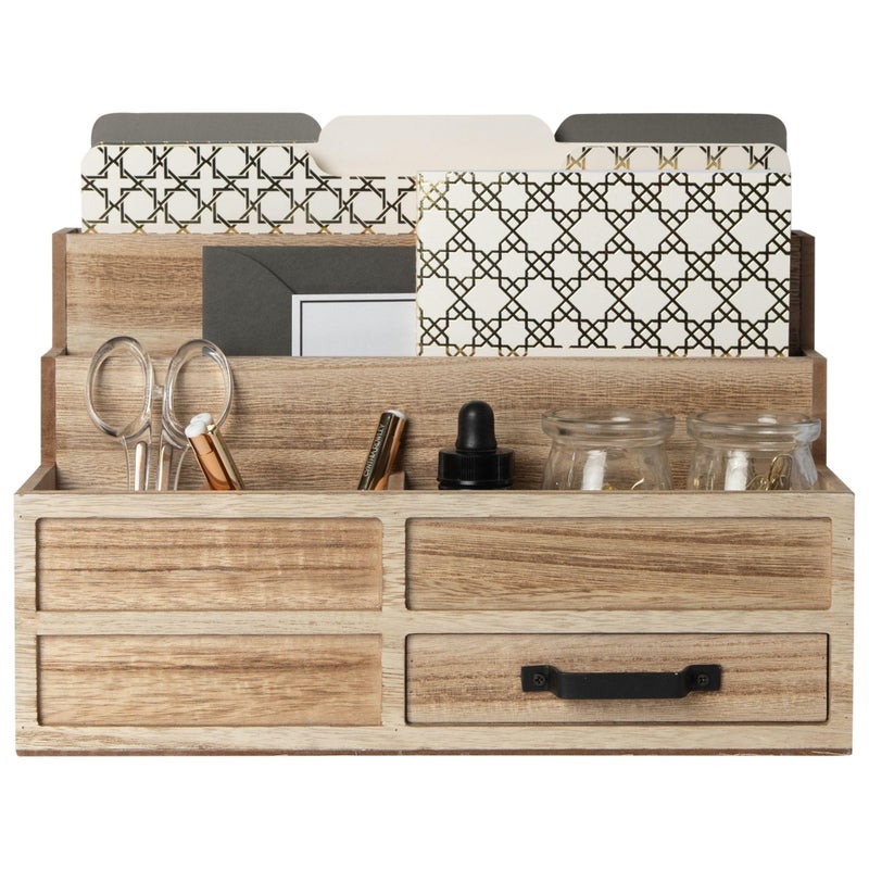 BLU MONACO | Natural Wood Mail Organizer with Drawer & Pen Holder | Rustic Desk Organizer for Bills, Letters & Countertop Storage | Wooden Desktop Mail Sorter for Home & Kitchen - Image 1