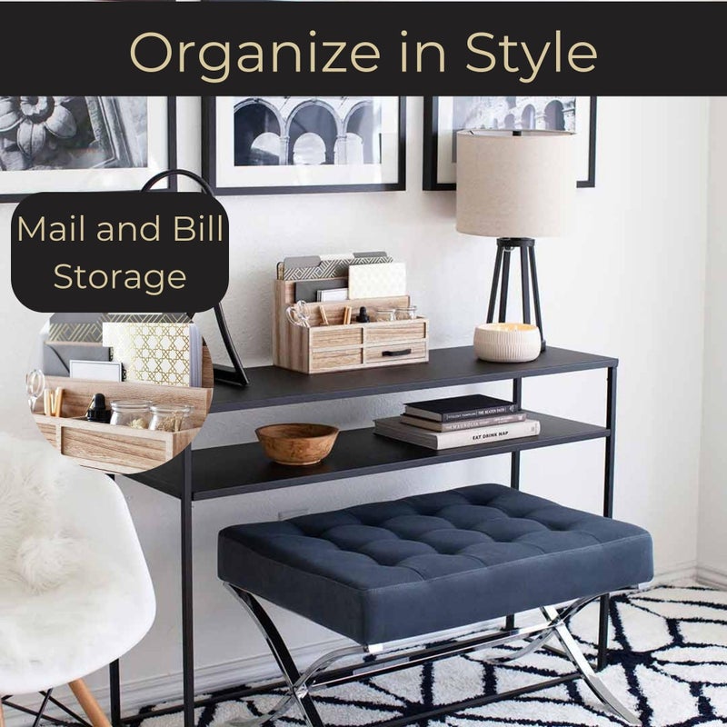 BLU MONACO | Natural Wood Mail Organizer with Drawer & Pen Holder | Rustic Desk Organizer for Bills, Letters & Countertop Storage | Wooden Desktop Mail Sorter for Home & Kitchen - Image 2