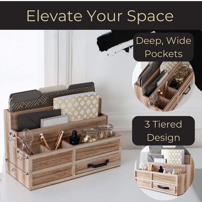 BLU MONACO | Natural Wood Mail Organizer with Drawer & Pen Holder | Rustic Desk Organizer for Bills, Letters & Countertop Storage | Wooden Desktop Mail Sorter for Home & Kitchen - Image 3