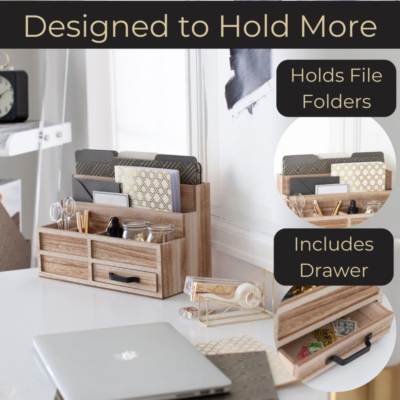 BLU MONACO | Natural Wood Mail Organizer with Drawer & Pen Holder | Rustic Desk Organizer for Bills, Letters & Countertop Storage | Wooden Desktop Mail Sorter for Home & Kitchen - Image 4