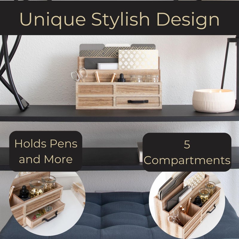 BLU MONACO | Natural Wood Mail Organizer with Drawer & Pen Holder | Rustic Desk Organizer for Bills, Letters & Countertop Storage | Wooden Desktop Mail Sorter for Home & Kitchen - Image 5