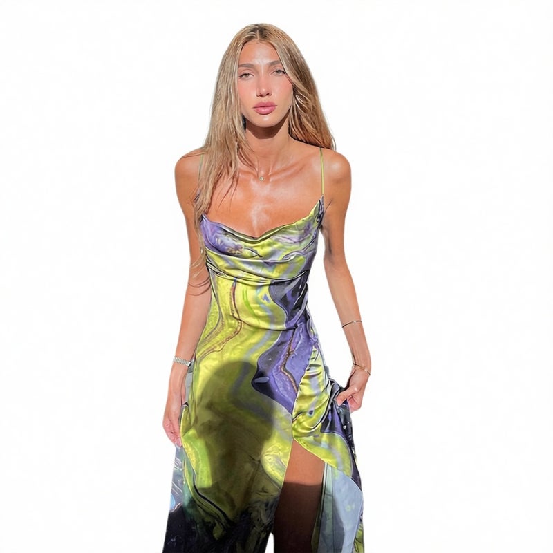 Women's Fashion Printed Slim Fit Split Backless Strapless Tube Top Dress - Image 5