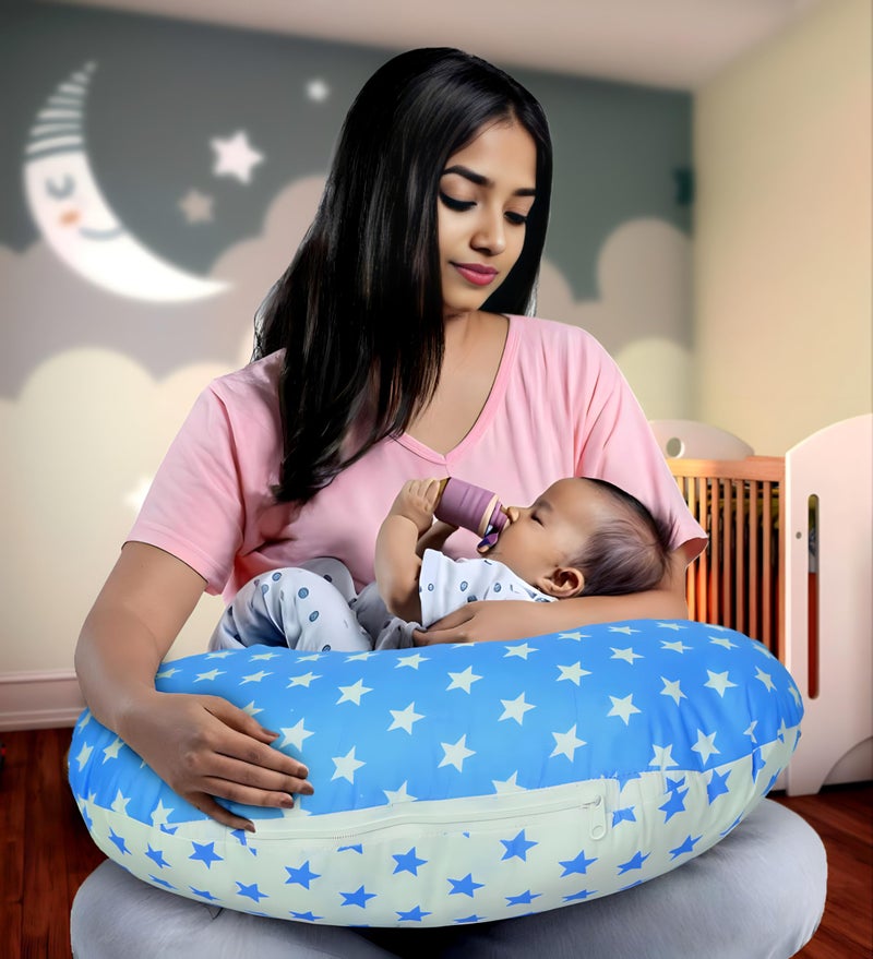 Infans Mini Baby Feeding Pillow Cotton|Maternity Feeding Pillow Portable & Adjustable|Nursing Pillow for Mother and New Born Baby (Star Blue) - Image 1