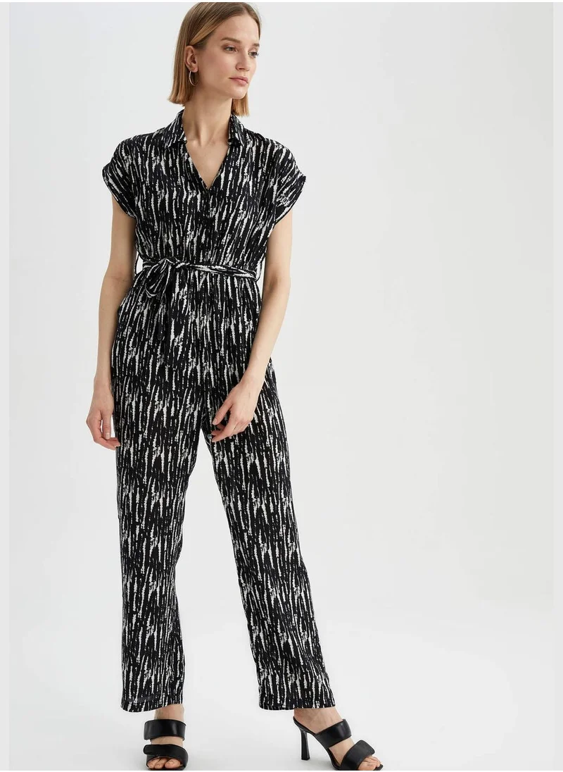 DeFacto Patterned Short Sleeve Belted Jumpsuit