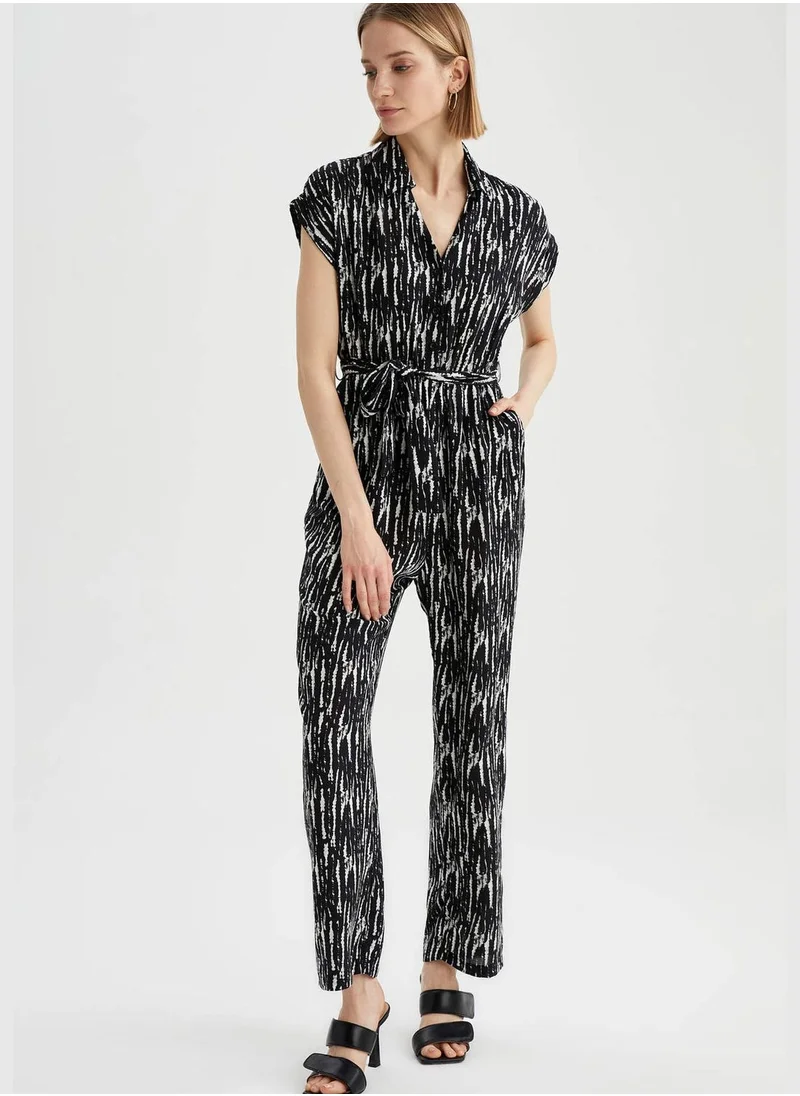 DeFacto Patterned Short Sleeve Belted Jumpsuit