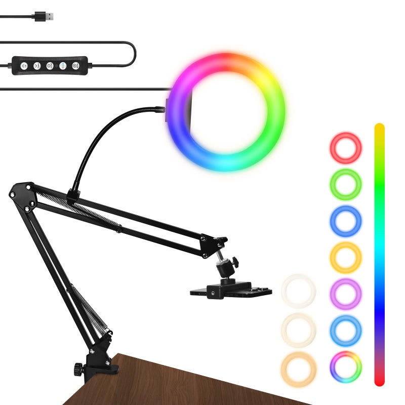 MagLoop 8"" RGB Ring Light with Overhead Camera Mount Overhead Phone Mount with RGB Fill Light for Articulating Arm Phone Mount for YouTube Live Stream Cooking Nail Video Recording - Image 1