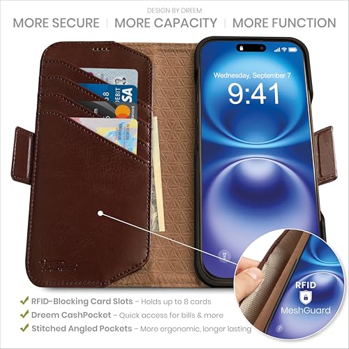 Dreem for iPhone 16 Pro Case Wallet, Revolutionary Phone Stand, Vegan Leather, MagSafe-Fit, Magnetic Detachable Flip Cover, RFID Blocking Card Holder, Gift-Box [Fibonacci:Coffee] - Image 2