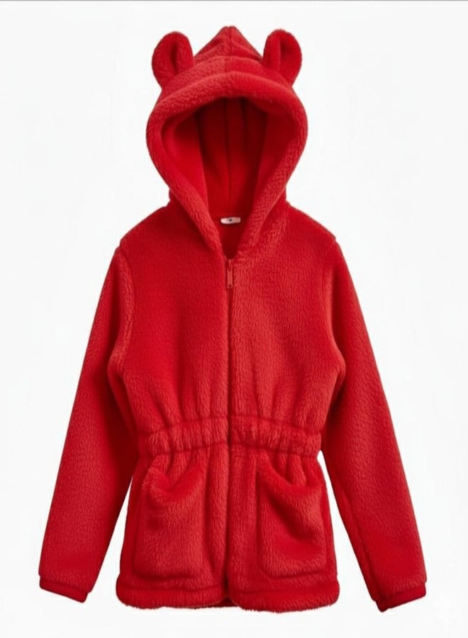 Schsteindar Kids Fleece Hoodie Jacket with Bear Ears,Soft Plush Material, Zip-Up Front, Elastic Waist Design for Baby Boys Girls (IN, Age, 3 Years, 4 Years, Regular, Red) - Image 1