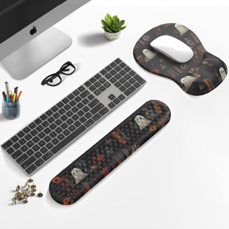 Mechanical Cattle Ghost Book Mousepad with Wrist Rest Halloween Computer Keyboard Mouse Pad Black Cute, Mouse Pad with Wrist Rest for Computer Keyboard, 2 In1 Mousepad with Wrist Support Easy Typing&Relieve Wrist Pai - Image 2