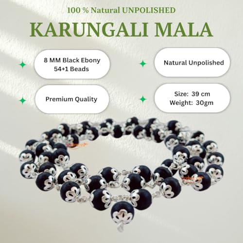 Rudratva Unisex 100% Natural Unpolished 8mm Karungali Malai Crafted with German Silver | Original Ebony Wood 54+1 Beads - with 2 Lab Certification | கருங்காலி மாலை - For Pooja, Jaap | with Pure Chandan & Bhasma - Image 3