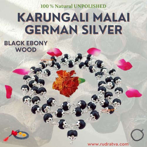 Rudratva Unisex 100% Natural Unpolished 8mm Karungali Malai Crafted with German Silver | Original Ebony Wood 54+1 Beads - with 2 Lab Certification | கருங்காலி மாலை - For Pooja, Jaap | with Pure Chandan & Bhasma - Image 2